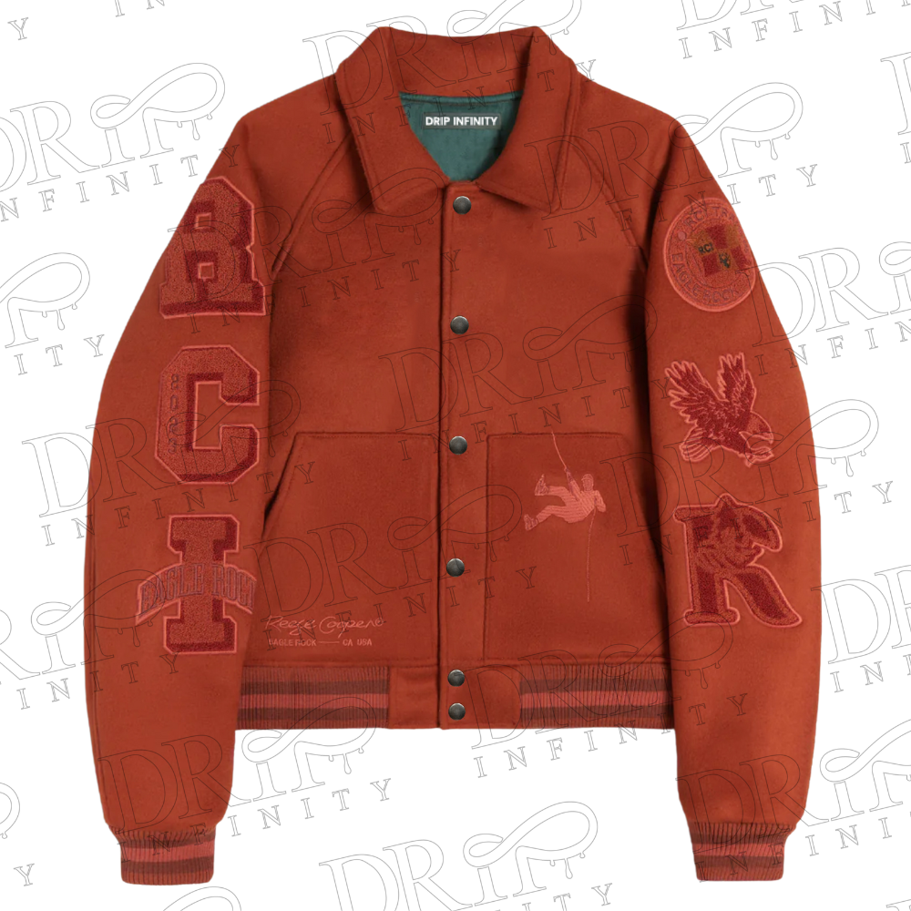 DRIP INFINITY: Burnt Orange Wool Varsity Jacket For Women