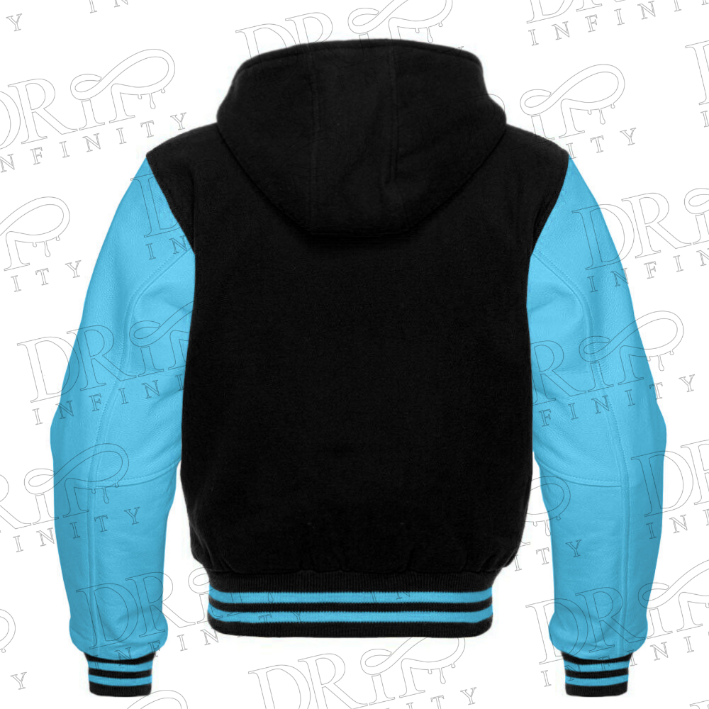 DRIP INFINITY: Men’s Sky Blue & Black Hooded Varsity Jacket (Back)