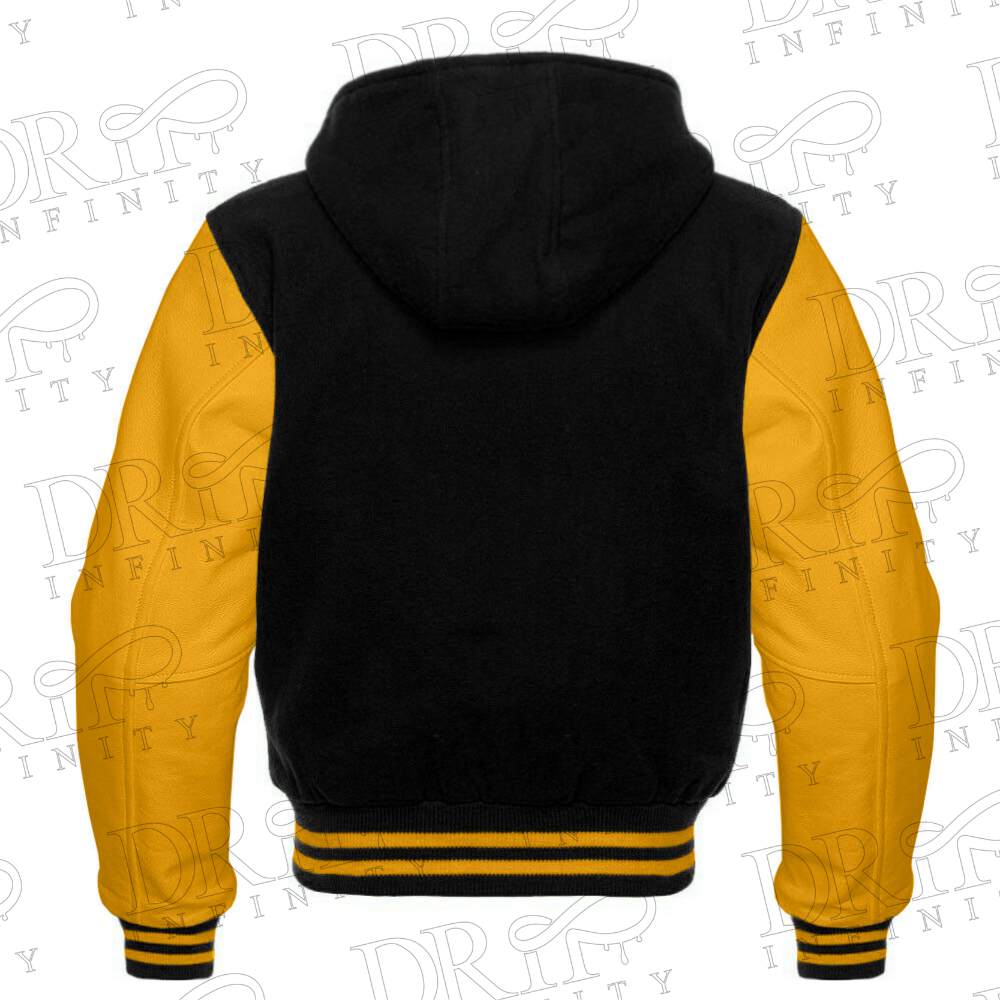 DRIP INFINITY: Men’s Black & Gold Hooded Varsity Jacket (Back)