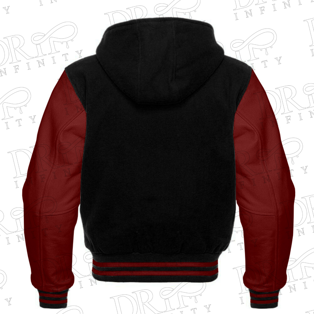 DRIP INFINITY: Men’s Black & Maroon Hooded Varsity Jacket (Back)