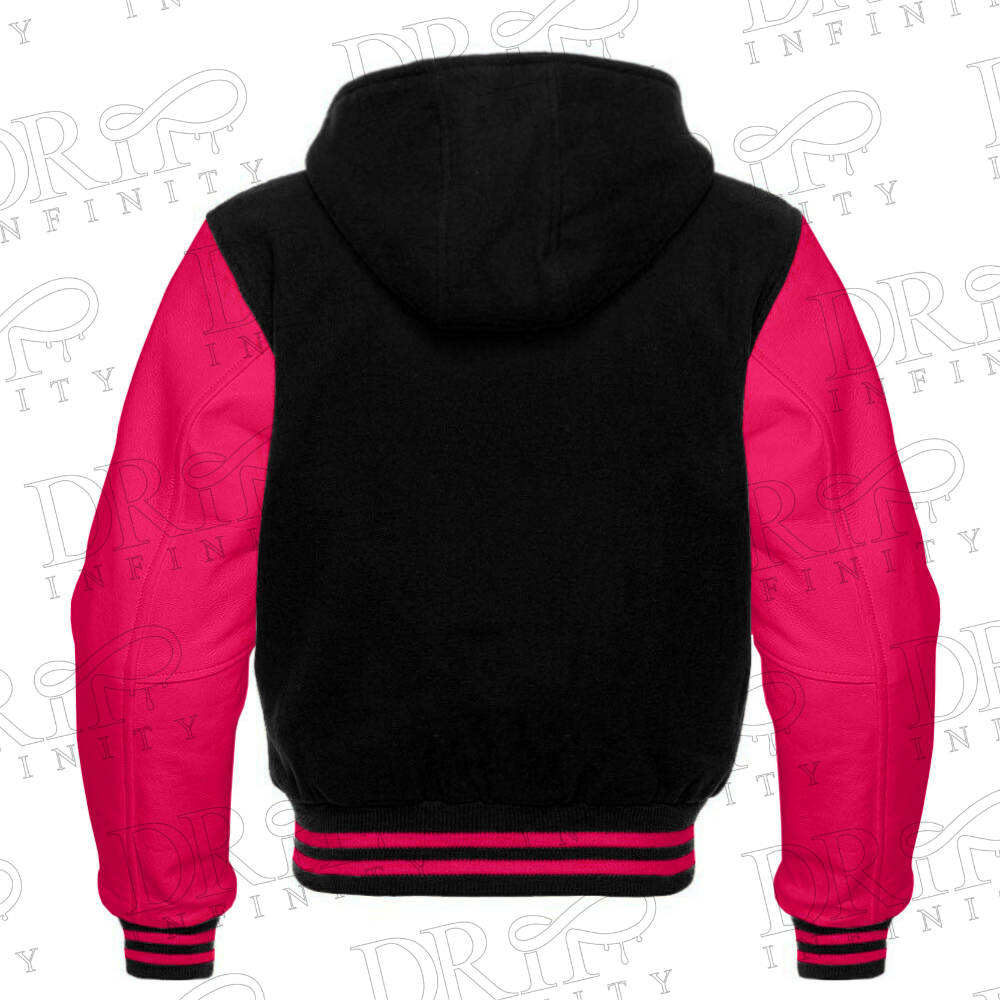 DRIP INFINITY: Men’s Black & Pink Hooded Varsity Jacket (Back)