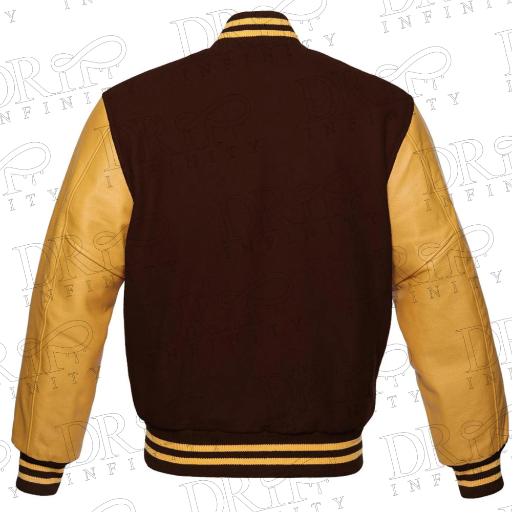DRIP INFINITY: Brown & Gold Varsity Letterman Jacket (Back)