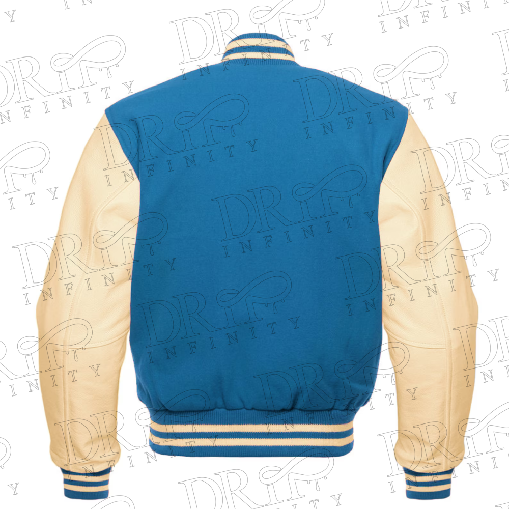 DRIP INFINITY: Sky Blue & Cream Varsity Letterman Jacket (Back)