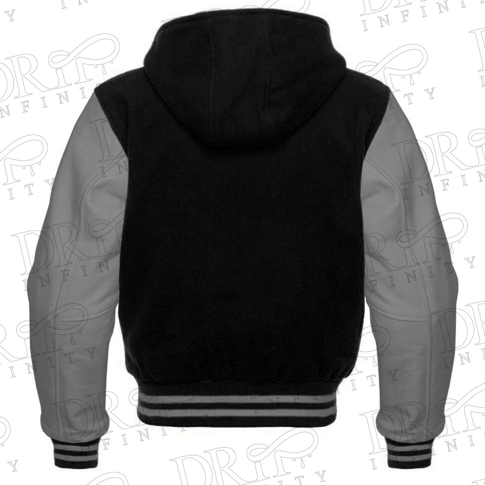 DRIP INFINITY: Men’s Black & Grey Hooded Varsity Jacket (Back)