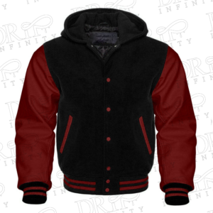 DRIP INFINITY: Men’s Black & Maroon Hooded Varsity Jacket (Back)