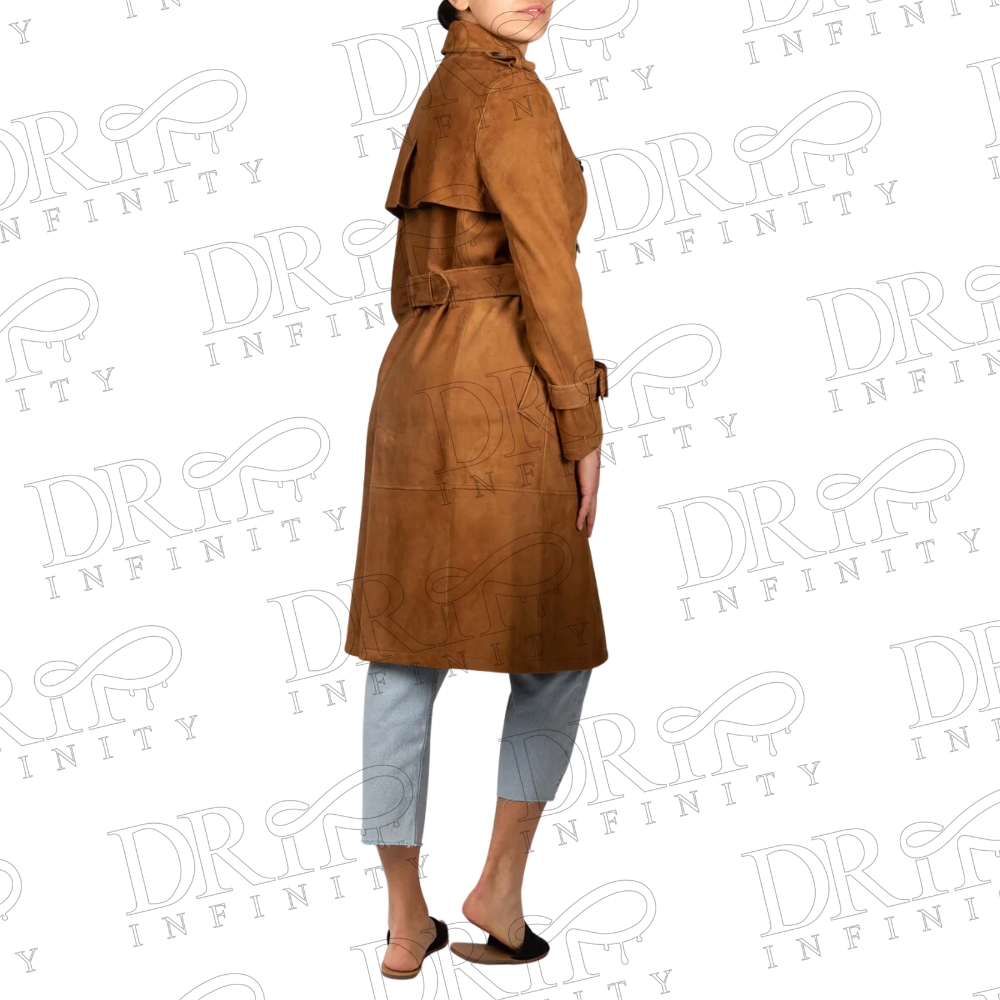 DRIP INFINITY: Women's Brown Long Windbreaker Leather Trench Coat (Back)