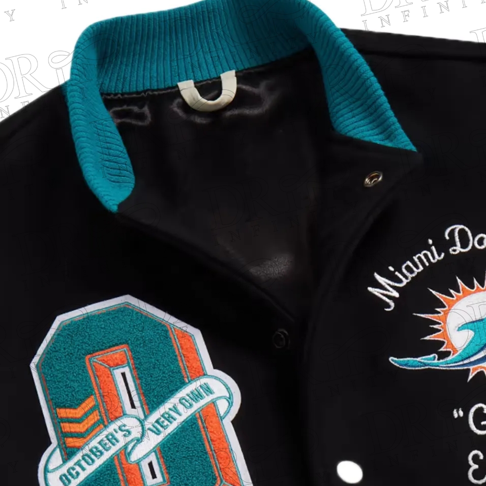 DRIP INFINITY: OVO x NFL Miami Dolphins Varsity Jacket