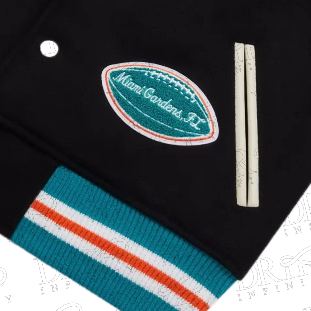 DRIP INFINITY: OVO x NFL Miami Dolphins Varsity Jacket