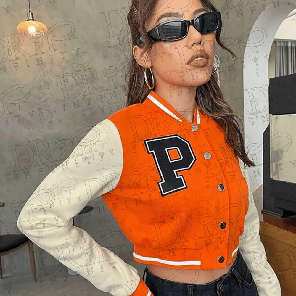 DRIP INFINITY: Women's Letter Orange Varsity Jacket