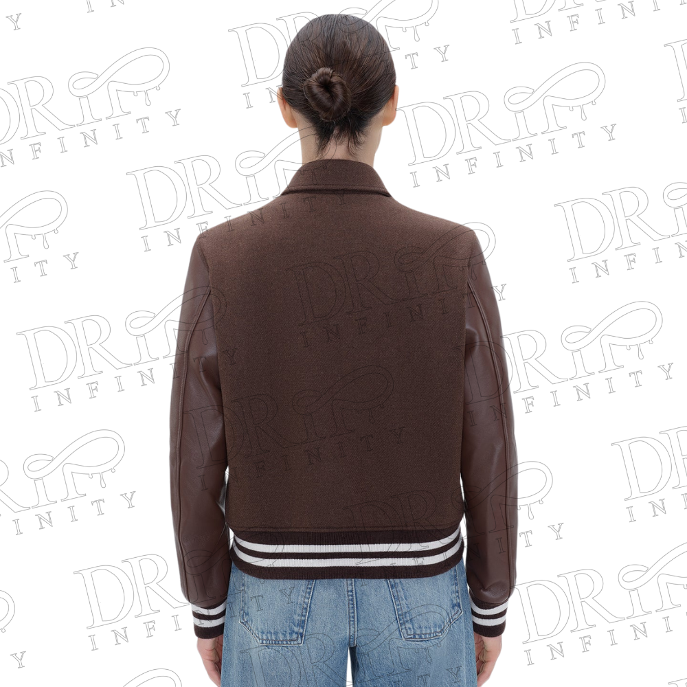DRIP INFINITY: Women's Chocolate Brown Bones Varsity Jacket (Back)