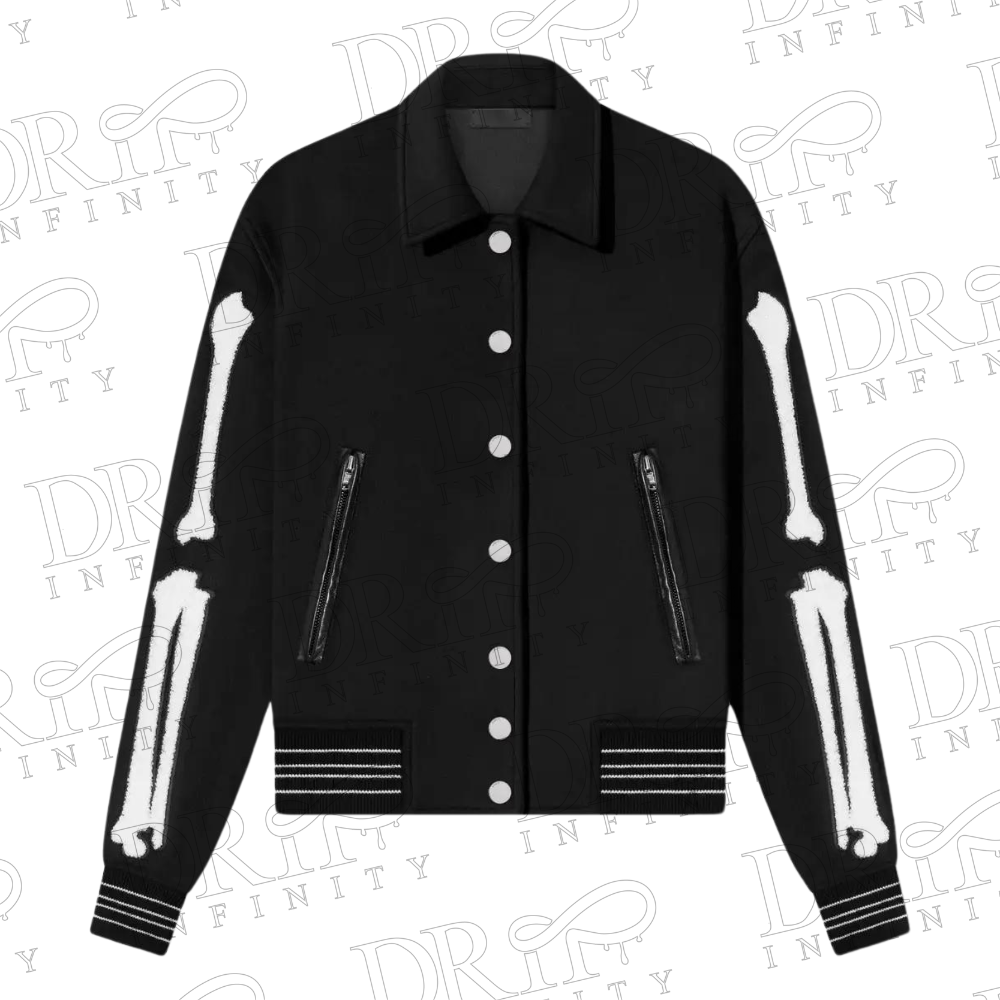 DRIP INFINITY: Women's Black Bones Wool Varsity Jacket 