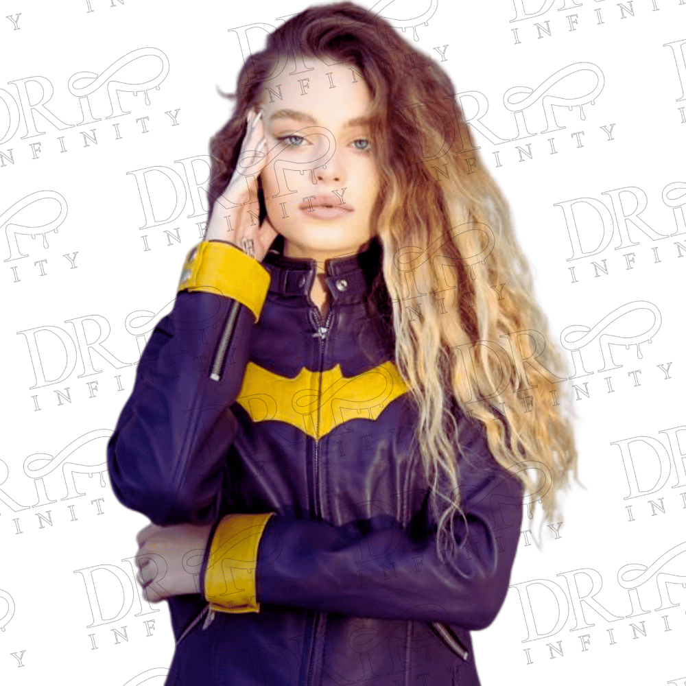 DRIP INFINITY: Women's Batgirl Purple Yellow Leather Jacket