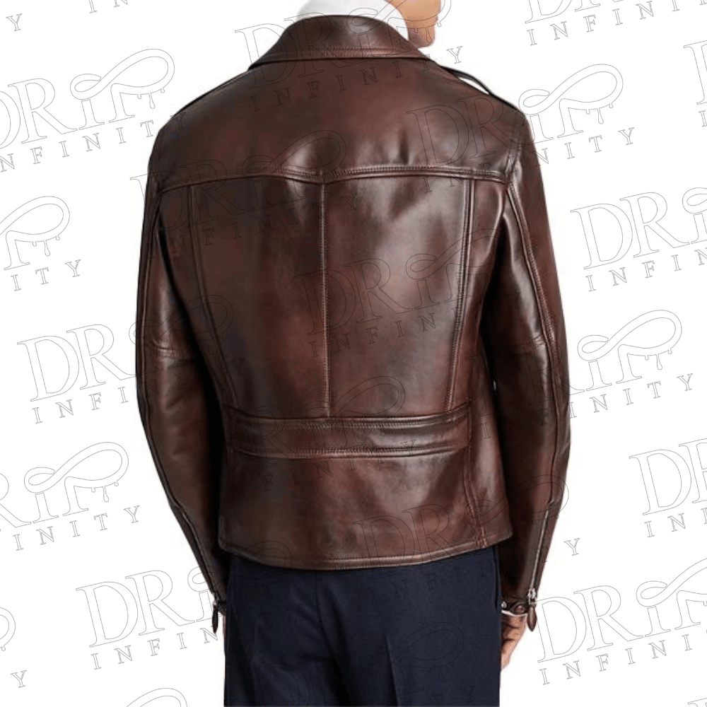 DRIP INFINITY: Men's Brown Asymmetric Zip Biker Leather Jacket (Back)