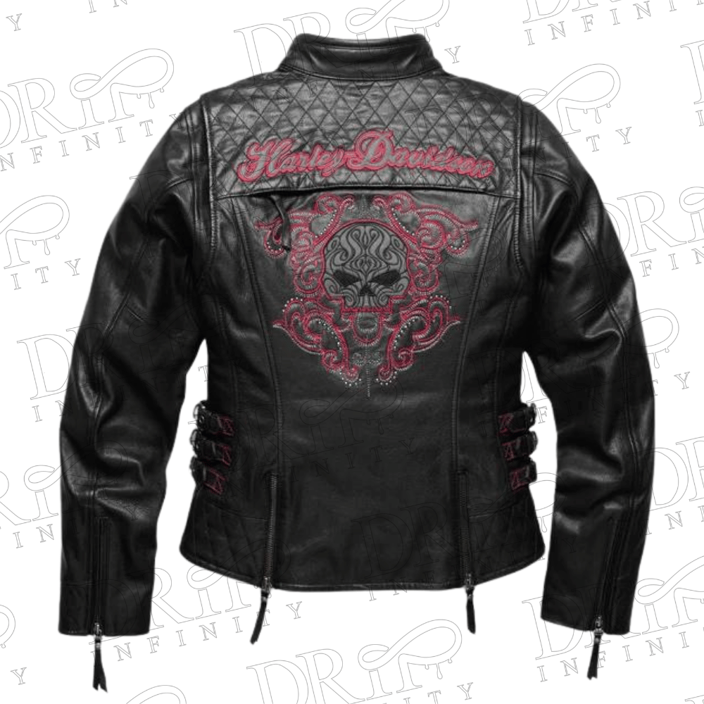 DRIP INFINITY: Women's Petite Scroll Skull Biker Leather Jacket (Back)