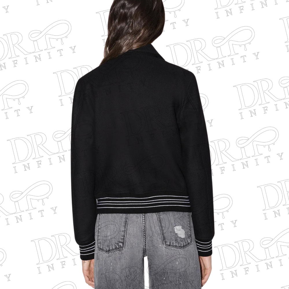 DRIP INFINITY: Women's Black Bones Wool Varsity Jacket (Back)