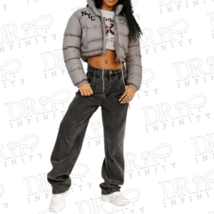 DRIP INFINITY: Women's Grey Cropped NYC Logo Puffer Jacket