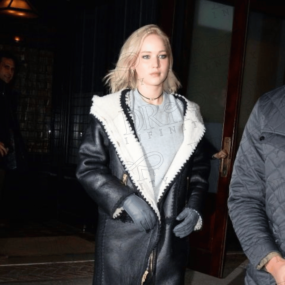 DRIP INFINITY: Jennifer Lawrence Black Shearling Leather Coat
