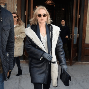 DRIP INFINITY: Jennifer Lawrence Black Shearling Leather Coat