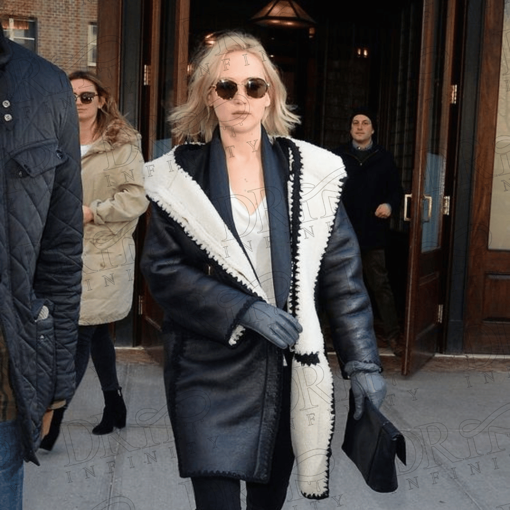 DRIP INFINITY: Jennifer Lawrence Black Shearling Leather Coat
