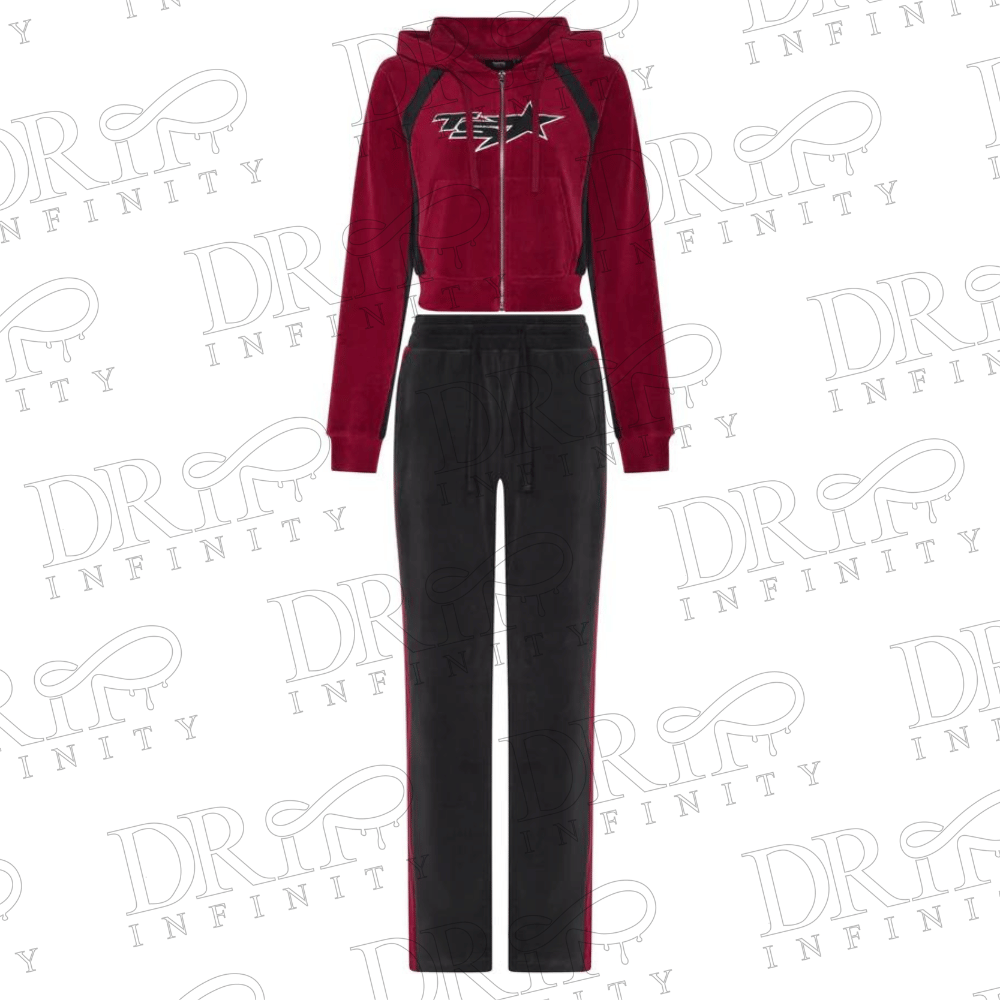 DRIP INFINITY: Women’s Burgundy & Black TS Star Velour Tracksuit