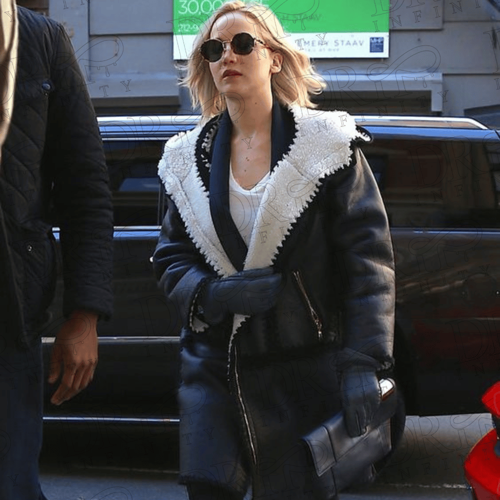 DRIP INFINITY: Jennifer Lawrence Black Shearling Leather Coat