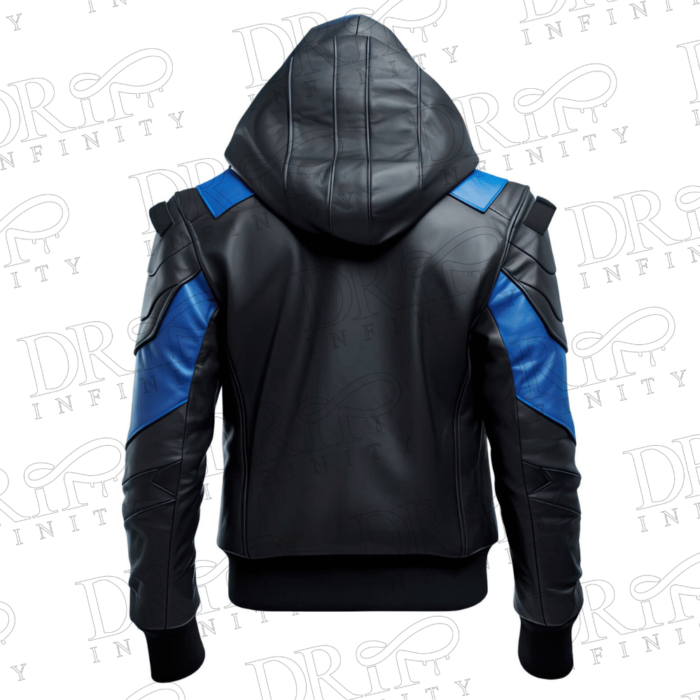 DRIP INFINITY: Men’s Royal Sapphire Blue & Black Punk Hooded Bomber Leather Jacket (Back)