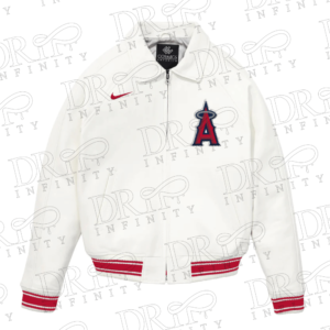 DRIP INFINITY: Angels White Leather Varsity Jacket