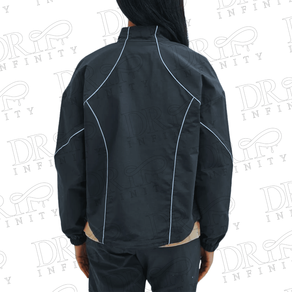 DRIP INFINITY: Women's Navy Nylon Piping Cropped Bomber Jacket (Back)