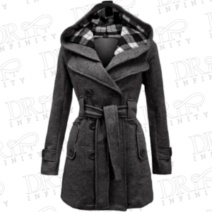 Drip Infinity: Plaid Print Belt Dark Gray Double Breasted Christmas Hooded Wool Coat