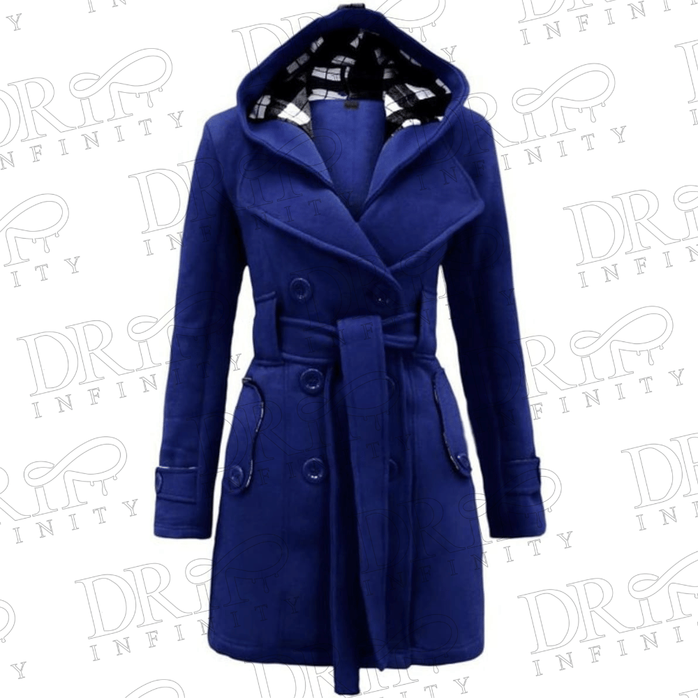 Drip Infinity: Plaid Print Belt Royal Blue Double Breasted Christmas Hooded Wool Coat