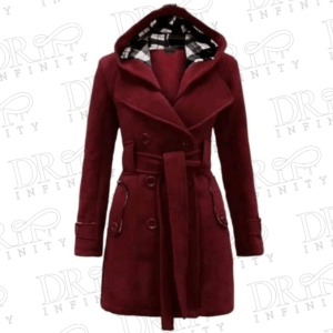 Drip Infinity: Plaid Print Belt Burgundy Double Breasted Christmas Hooded Wool Coat